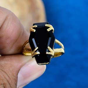 Handmade Black Onyx Gemstone Coffin Shape <b>Ring</b> 18k <b>Gold</b> Micron Over 925 Sterling Silver - Product Image 2
