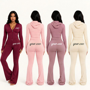 Custom Women's Two Piece Workout Set Zip Up Hoodie Jacket Flare <b>Leggings</b> Pants Fitness Streetwear Tracksuit Wholesale - Product Image 5