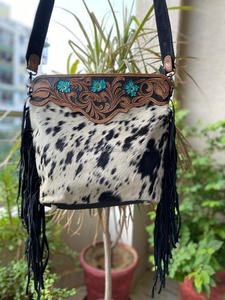 Bolso de mano de cuero con flecos de piel de vaca auténtica tallado bohemio color turquesa nuevo diseño bolsos para mujer - Product Image 3