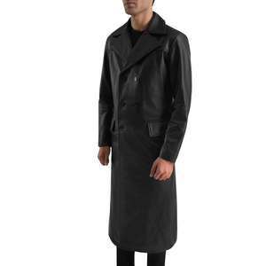 <b>Men's</b> <b>Black</b> Genuine Leather Double Breasted Waterproof Trench Coat Notched Lapel Knee Length <b>Overcoat</b> - Product Image 1