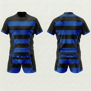 Ensemble de maillot de football rayé bleu et noir pour homme, manches courtes, ajusté, respirant, imprimé par sublimation, vêtements toutes saisons - Product Image 1