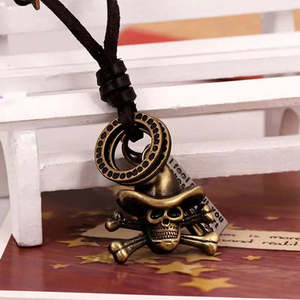 18K Gold Plated Cowboy Skull Pendant with Adjustable Leather Cord Necklace for Men - Product Image 2