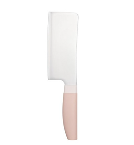 Ensemble de couteaux de cuisine à manche rose avec lames argentées, hachoir, ciseaux et bloc de rangement beige avec dessus marron clair pour la préparation des aliments - Product Image 2