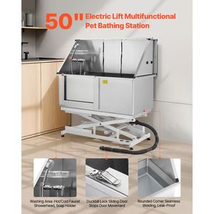 Stazione di lavaggio professionale per cani da 50 pollici con sollevamento elettrico, vasca in acciaio inossidabile per toelettatura animali, pannello filtro acqua in PE e rubinetto per gatti - Product Image 2