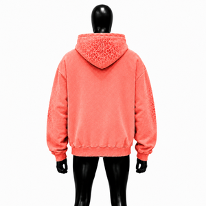 Sweat à capuche oversize rose corail vieilli avec broderie étoile multicolore, imprimé léopard ton sur ton, effet délavé vintage, style streetwear - Product Image 2