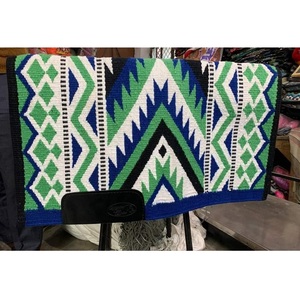 Tapis de selle western bleu vert blanc à motif géométrique Navajo, tissé à la main en laine, couverture d'équitation, équipement d'équitation - Product Image 1