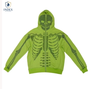 Sweat-shirt à capuche zippé imprimé squelette vert Index Apparel pour homme, vêtement décontracté d'automne - Product Image 1