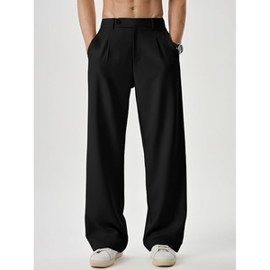 Pantalon plissé noir large pour homme, taille haute, formel, infroissable, en polyester, style automne - Product Image 1