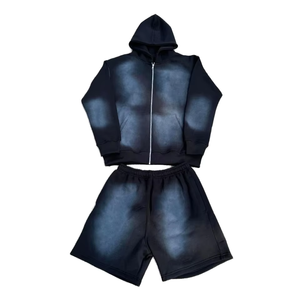 Acid Wash Sun Faded Distressed Vintage Hoodie And Sweat Shorts Custom Full Zip Up Hoodie Shorts <b>Set</b> for man - Product Image 1