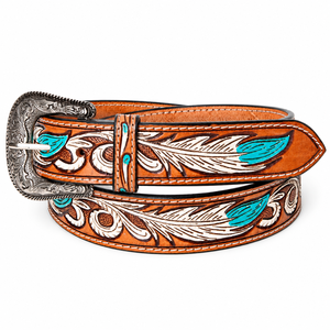 Wholesale Western Tooled Leather <b>Belt</b> Cowboy Floral Embossed Tan <b>Brown</b> Turquoise Silver Buckle Fashion <b>Belt</b> Supplier Mens <b>Womens</b> - Product Image 3