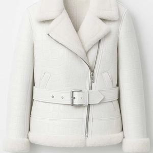 Custom Men <b>White</b> Embossed Leather Aviator <b>Jacket</b> Shearling Fur Collar Winter Warm Coat Premium Quality - Product Image 1