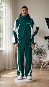 Sweat-shirt et pantalon de sport 2 en 1 pour homme, vert et blanc, respirant, à capuche, fermeture éclair intégrale, coupe ample - Product Image 5