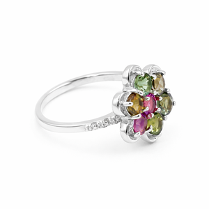 Anillo de Plata de Ley 925 con Turmalina Multicolor, Siete Piedras en Forma de Flor, Inspirado en la Flor Ixora, Chapado en Oro y Rodio - Product Image 6