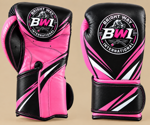 Gants de boxe Bright Way International en cuir noir et rose avec fermeture Velcro, équipement d'arts martiaux unisexe - Product Image 1