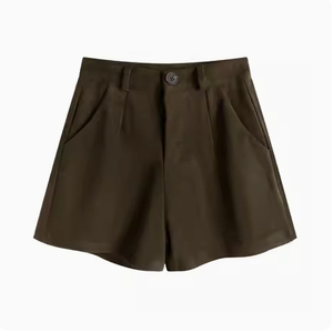 Shorts en crêpe taille haute pour femme, couleur unie, logo personnalisé, service OEM, 220g, séchage rapide, ourlet déchiré, coupe classique, style décontracté - Product Image 1