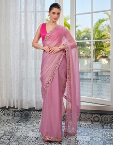 Sari traditionnel rose en viscose et soie pour femme KV, orné de tissus, avec chemisier non cousu, sans plis - Product Image 6
