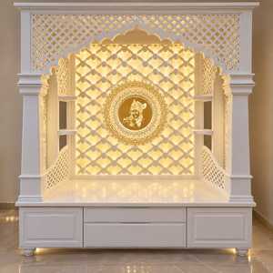 <b>Pooja</b> <b>Mandir</b> <b>Home</b> Temple 5 Feet Wide 7 Feet Tall Designer Wooden Hindu Prayer Unit with LED Backlit Panel Intricate Jaali Work - Product Image 1
