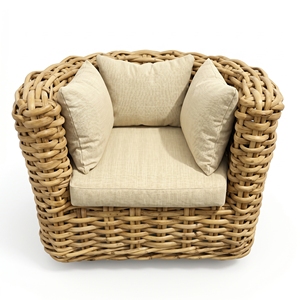 Sillón Surabaya con Estructura de Madera de Caoba, Media Silla de Ratán Pulido, Cojines Color Crema Dhapnie, Muebles de Exterior Premium para Patio - Product Image 1