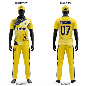 Mens Cricket Uniform 180 GSM Breathable Polyester Fabric Yellow Navy <b>White</b> <b>Panel</b> Style Custom Sublimation Teamwear - Product Image 1