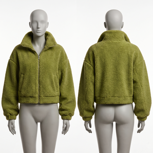 Chaqueta de Invierno de Forro Polar Sherpa Premium de 380 GSM, Color Verde Oliva, Cierre Frontal Regular, Lavada, Marca Privada - Product Image 1