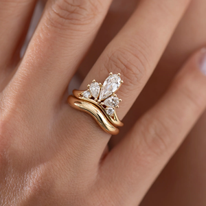 14K Real <b>Gold</b> Pear Cut Lab Grown Diamond Royal Crown Engagement <b>Ring</b> with Curved Wedding Band Chunky <b>Gold</b> Band Bridal <b>Ring</b> <b>Set</b> - Product Image 5