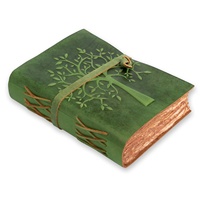 Carnet de notes vintage A5 en cuir vert gaufré motif Arbre de Vie celtique, fait main, avec fil de couture, papier à bords festonnés, 100 feuilles, cadeau