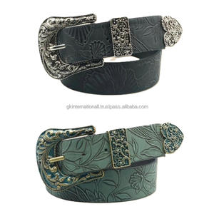 Hot Selling Flower Embossed hand carving Unisex Full Grain Western <b>Leather</b> <b>Tooling</b> <b>belt</b> antique brass buckle and Loop End - Product Image 4