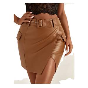Women's Sexy <b>Brown</b> Genuine Leather Breathable Mini <b>Pencil</b> <b>Skirt</b> Ripped Regular Waistline Casual Club Wear Solid Color - Product Image 2