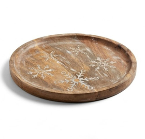 Plateau de service en bois artisanal gravé flocon de neige, plat rond rustique, décoration murale style ferme, planche en bois de manguier écologique - Product Image 3