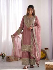 Ensemble Anarkali rose en soie brodée pour femme avec palazzo et dupatta, tenue traditionnelle indienne et pakistanaise pour mariage, longueur ras du sol - Product Image 4