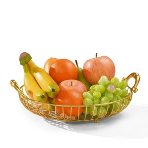 Corbeille à fruits en fil métallique doré de luxe avec poignées, bol à fruits moderne pour comptoir, centre de table décoratif pour cuisine et salon - Product Image 1