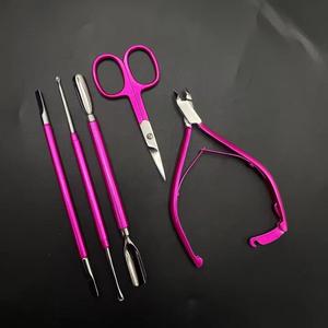 Kit de manucure professionnel 7 en 1 en acier inoxydable, outils de manucure à ressort unique, couleur rose, style classique, pour adultes - Product Image 1