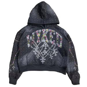 Custom Streetwear Embroidery Patch Mens Rhinestone Hoodie Acid Wash Sun Faded 400 GSM Heavyweight Zip up Rhinestone Hoodie - Product Image 1