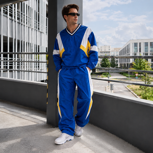 Tuta Sportiva Personalizzata con Scollo a V in Nylon per Uomo, Set con Giacca a Pannelli Colorati e Pantaloni Larghi, Produzione OEM - Product Image 3
