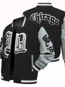 Chaqueta Varsity Negra para Hombre OEM con Mangas Grises, Letras Bordadas, Parche con Logotipo, Estilo Urbano, Transpirable, Ecológica, 100% Algodón - Product Image 1