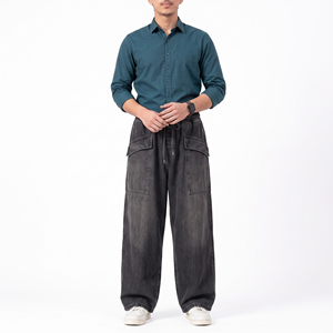 Pantalones vaqueros de hombre de pierna ancha con cintura elástica y parte delantera plana, pantalones cargo de mezclilla unisex de ajuste holgado con cintura media, cordón y bolsillos - Product Image 6
