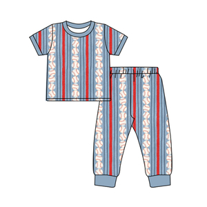 Ensemble de pyjama pour enfants sur le thème du sport automne/hiver OEM/ODM, imprimé à rayures de baseball et à carreaux, en spandex/polyester, manches courtes, pantalon de jogging à revers - Product Image 5