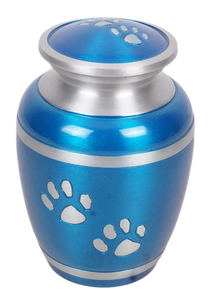 Urna para mascotas azul brillante disponible en tres tamaños, la más vendida. Urna moderna de lujo para cremación de mascotas con huella de pata para funeral. - Product Image 1