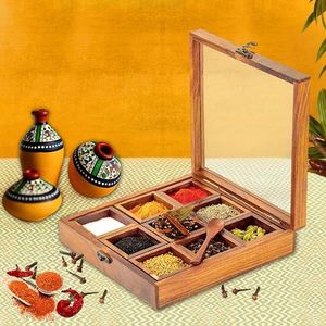 Juego de Cuatro Recipientes de Madera para Cocina con Tapas de Vidrio, Caja Redonda de Madera para Sal y Especias, Herramientas para Hierbas y Especias - Product Image 5