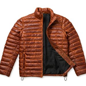 <b>Men's</b> Brown Genuine Leather puffer <b>Jacket</b> Stand Collar Zipper Closure Windproof <b>Smart</b> Casual Autumn Wear - Product Image 5