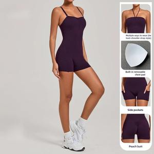 Mono Deportivo de Secado Rápido para Mujer, de Spandex/Nylon, con Hombros Descubiertos, Tirantes Ajustables, Bolsillos Laterales, Corto, para Yoga y Actividades al Aire Libre - Product Image 3