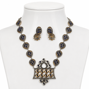 Precio al por mayor: Conjunto de collar y pendientes de latón chapado en platino bicolor con circonita azul real, para compromiso nupcial, boda tradicional y estilo bohemio - Product Image 1