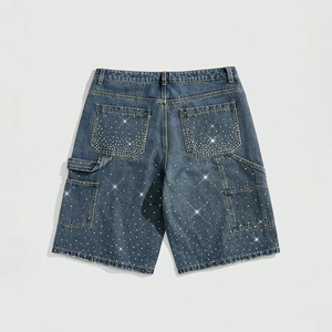 Men's Rhinestone Embellished Denim Cargo Shorts Casual Baggy Wide Leg Streetwear Sparkly Bling Jean Shorts - Product Image 2