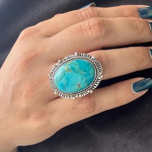 925 Sterling Silver Oval <b>Turquoise</b> <b>Ring</b> Handmade Boho Women Jewelry Gift - Product Image 3