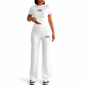 ONETEN APPARELS Women White <b>3</b> Piece <b>Set</b> Hooded Cropped T-Shirt Wide-Leg Pants Casual Winter Loose Fit Spandex/Nylon Fleece - Product Image 2