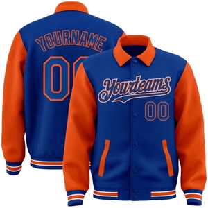Chaqueta Varsity para Hombre en Azul y Naranja con Bloques de Color, Cuello Camisero y Botones a Presión, Estilo Deportivo - Product Image 1