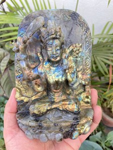 Statue de Manjushri en labradorite sculptée à la main, 6,25 pouces, Bodhisattva bouddhiste, divinité de la sagesse, cristal à reflets bleus, décoration d'autel, vente en gros - Product Image 1