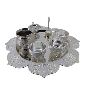 Ensemble de thali de pooja artisanal moderne et personnalisable en argent allemand plaqué or de qualité supérieure, cadeau rituel hindou pour - Product Image 2