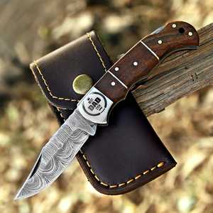 UA Supplies Couteau de poche à verrouillage arrière en acier Damas de qualité industrielle, pliant, pour l'extérieur, EDC, chasse, manche en bois, 6,5 pouces, vente en gros - Product Image 1