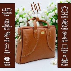 WRIZA Unisex Brown Genuine Leather Softback Laptop Bag Modern Office Briefcase Lightweight Large Capacity Durable Handmade <b>Dot</b> - Product Image 6